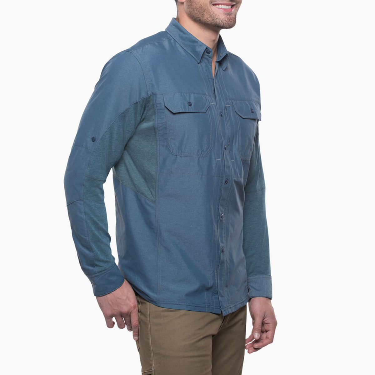 kuhl airspeed sun shirt mens on model side view in color blue