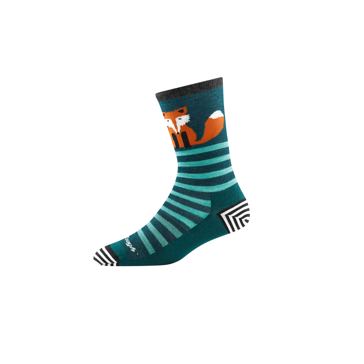 sideview of women&#39;s animal haus crew light socks in teal with stripes and fox graphic on ankle