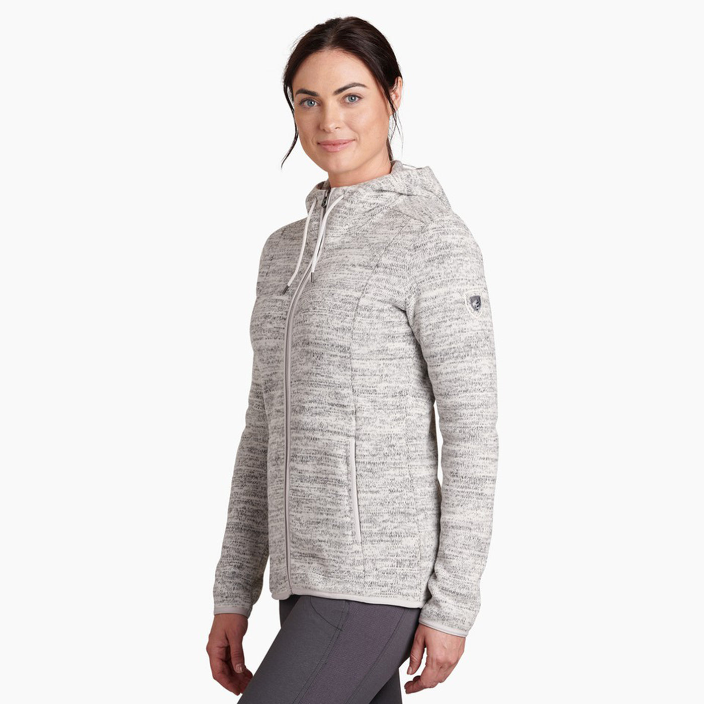 kuhl ascendyr hoody full zip womens on model three quarter view in color heather grey