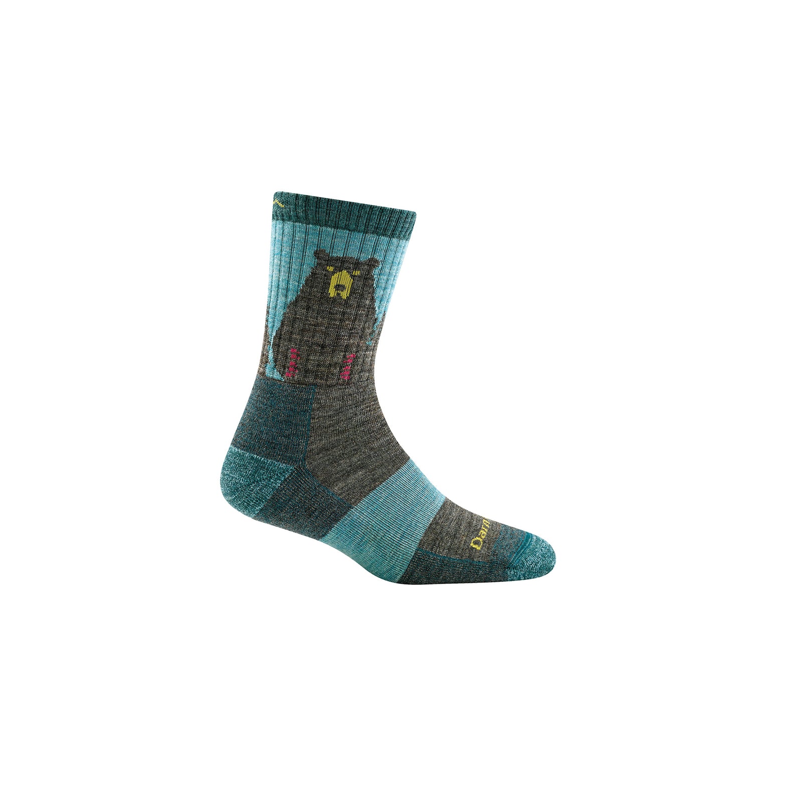 sideview of bear town light cushion women's in aqua and brown with bear graphic on ankles