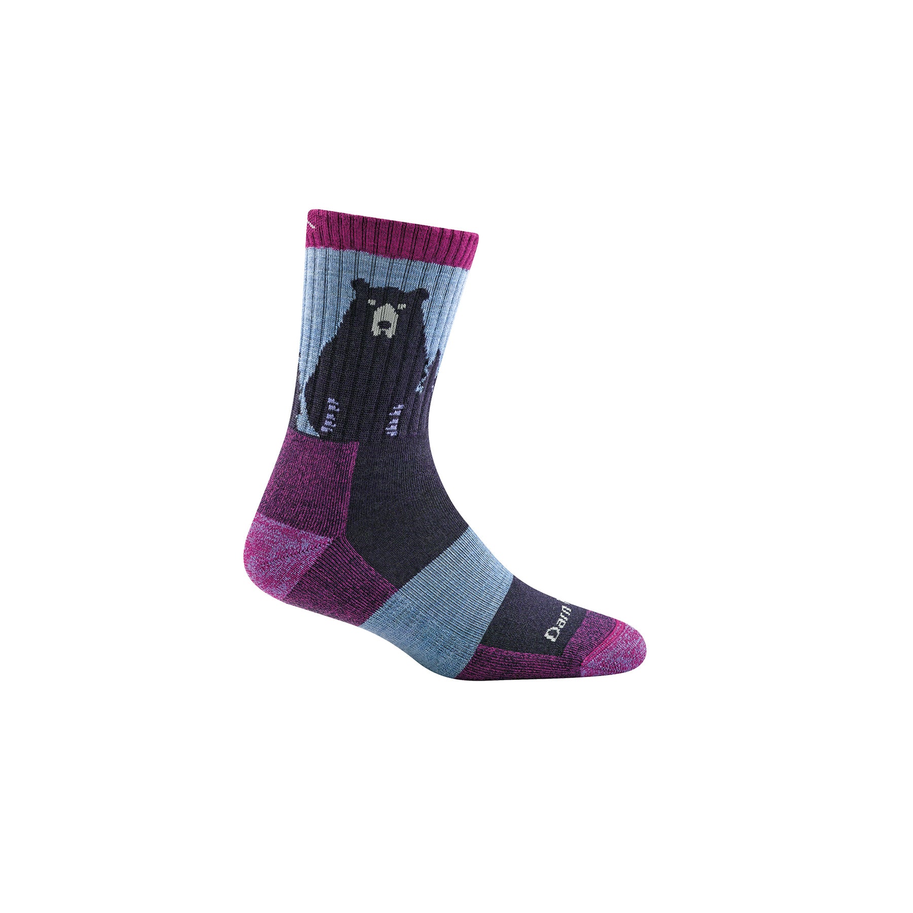 sideview of bear town light cushion women's in purple and blue with bear graphic on ankles