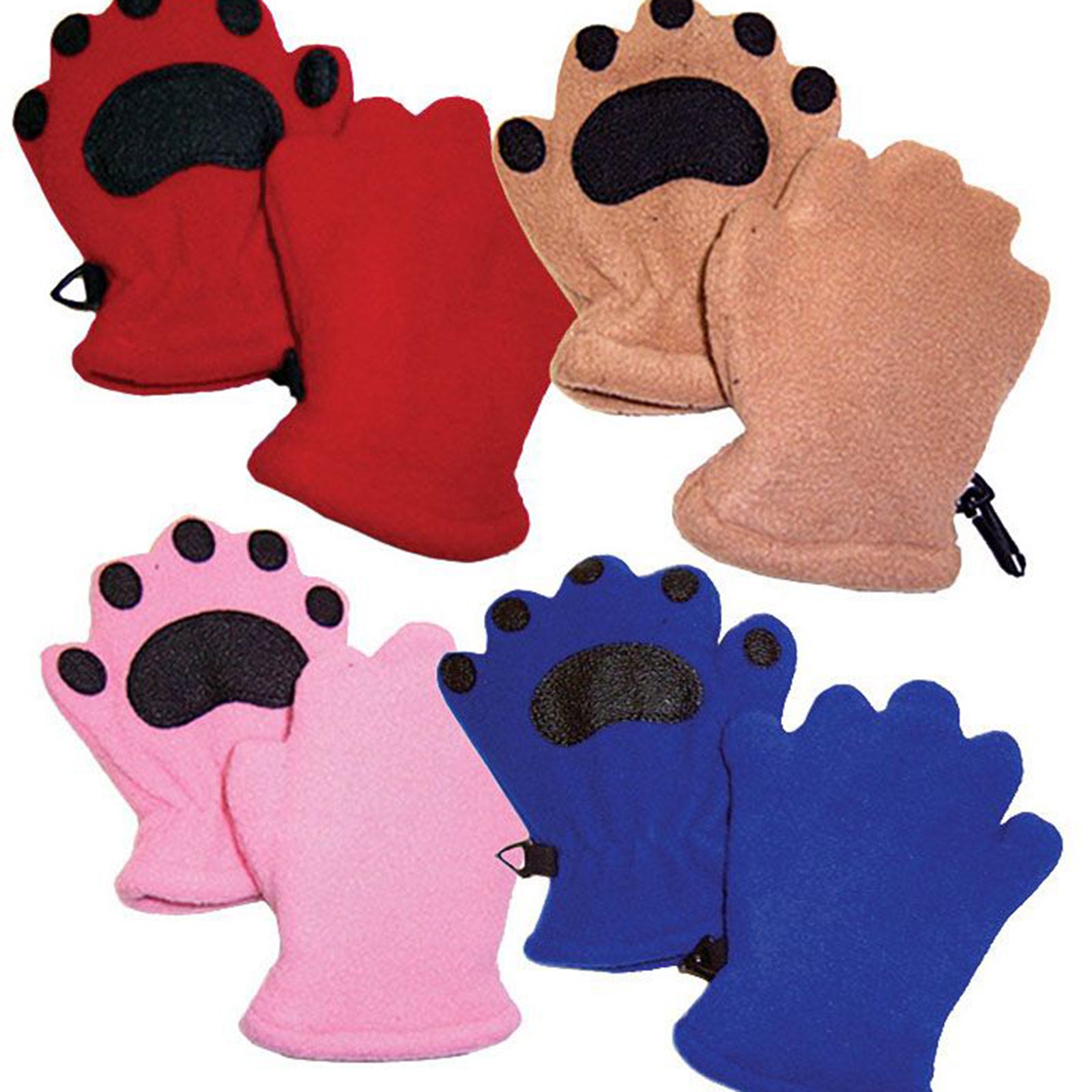 shown are the four colors and styles of the bearhands mittens - red, camel, blue, and pink