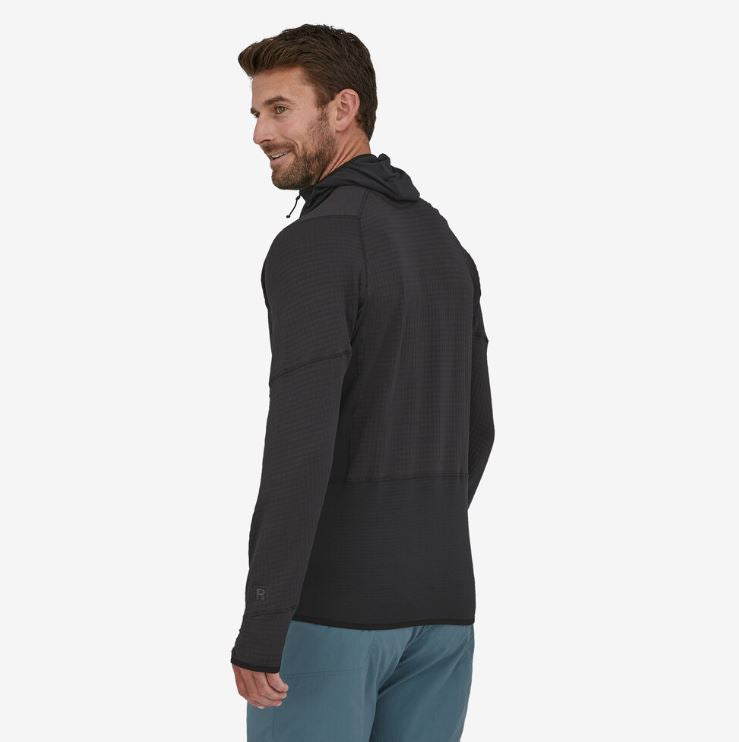 patagonia mens r1 fleece pullover hoody in black, back view on a model