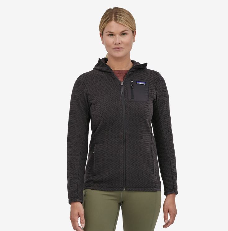 patagonia womens r1 air hoody in black, front view on a model