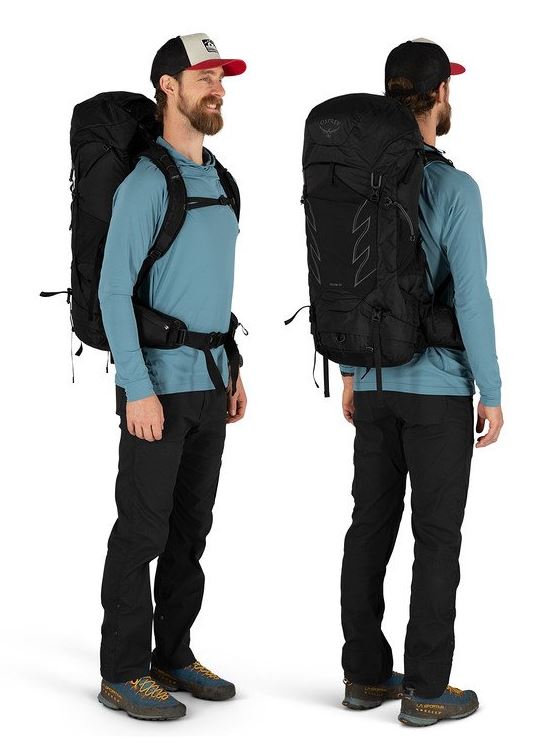 osprey talon 44 in black, front and back view on a model