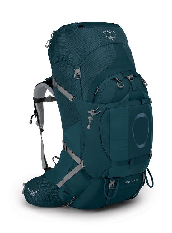 osprey ariel plus 70 backpack in night jungle blue, front view