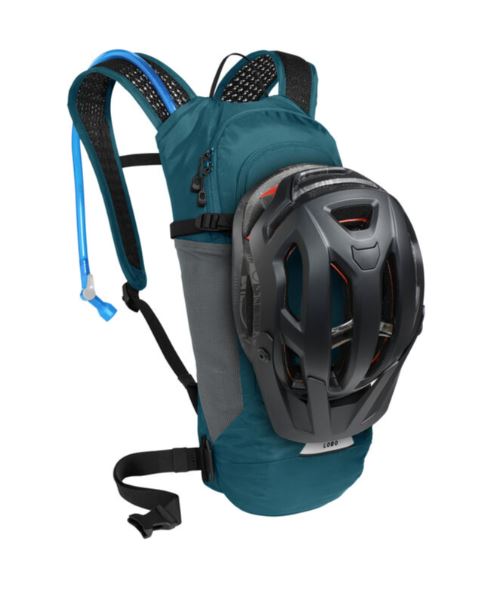 camelbak lobo 9 hydration pack in moroccan blue, view with helmet attached
