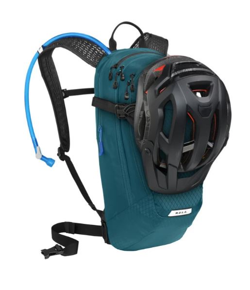 camelbak mule 12 hydration pack in moroccan blue, view of helmet attachement