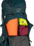 osprey ariel plus 70 backpack in night jungle blue, view of the pack loaded with things