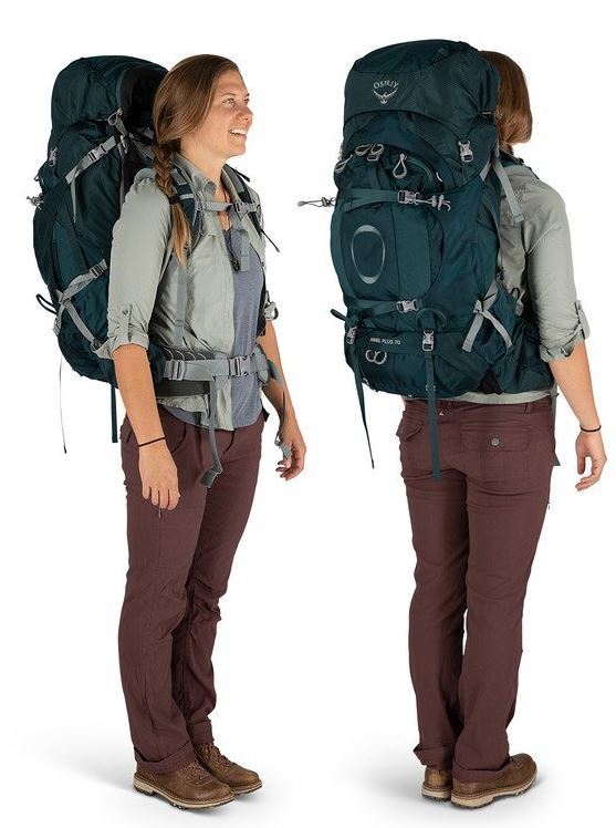 osprey ariel plus 70 backpack in night jungle blue, front and back view on a model