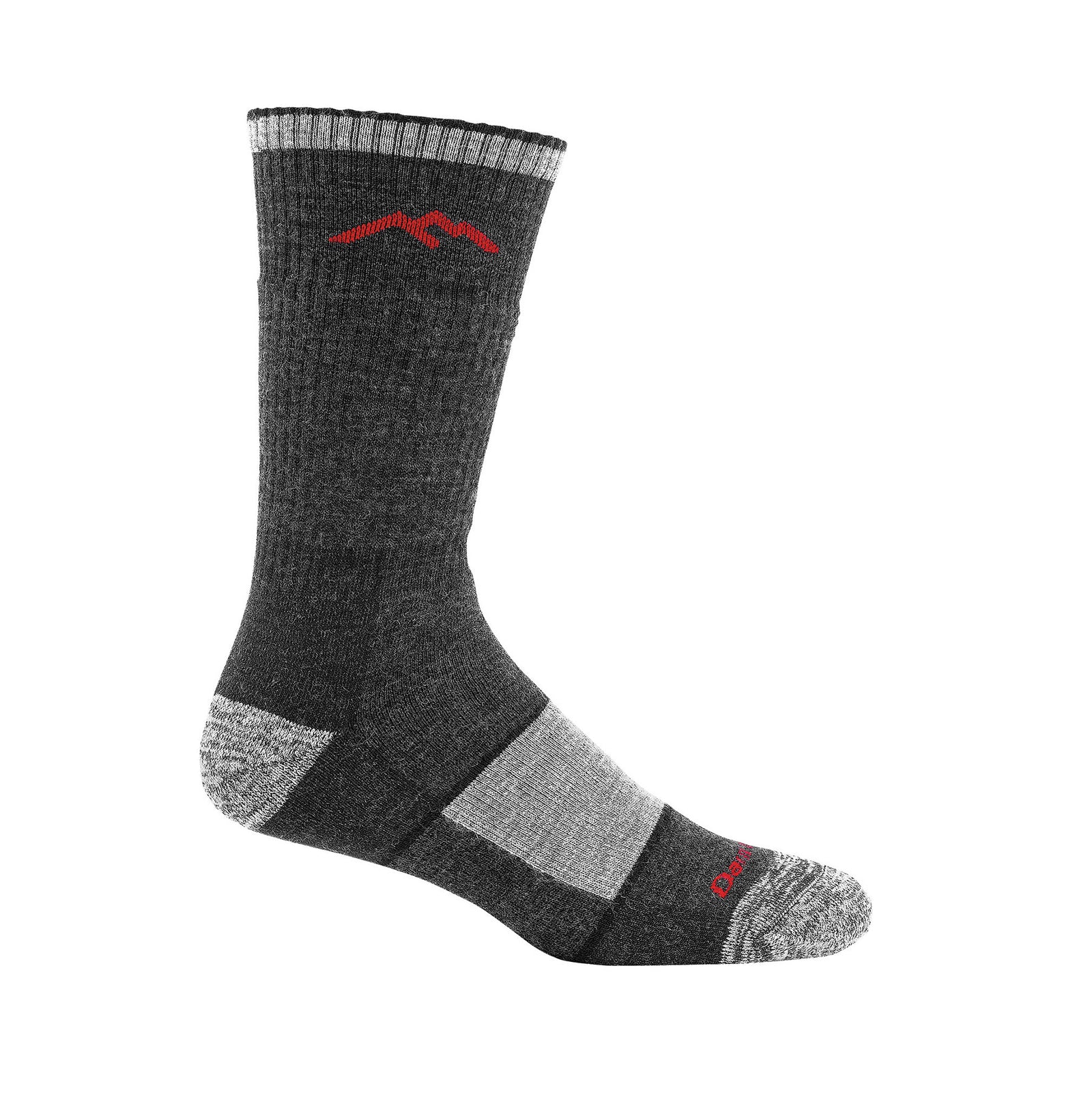 hiker boot sock full cushion sideview in color black and grey with red detail