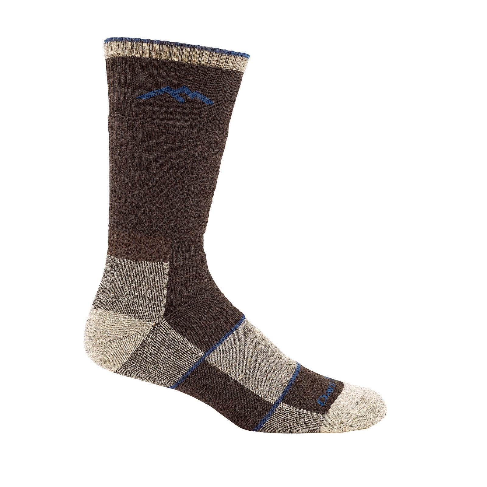 hiker boot sock full cushion sideview in color brown with light brown and blue detail