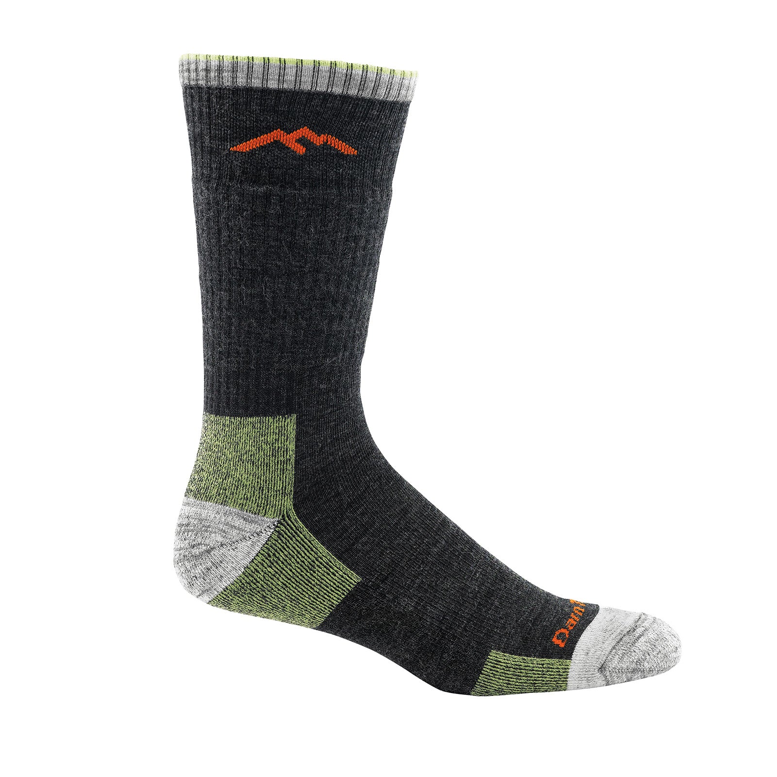 hiker boot sock cushion mens sideview in color dark grey with green and orange detail