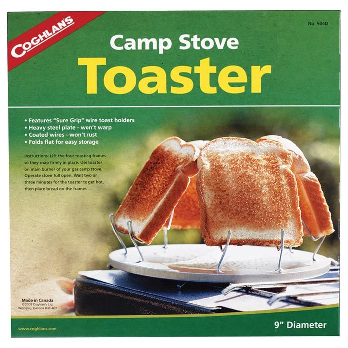 pictured is the box that the toaster comes in, showing toast being toasted on the toaster on a burner