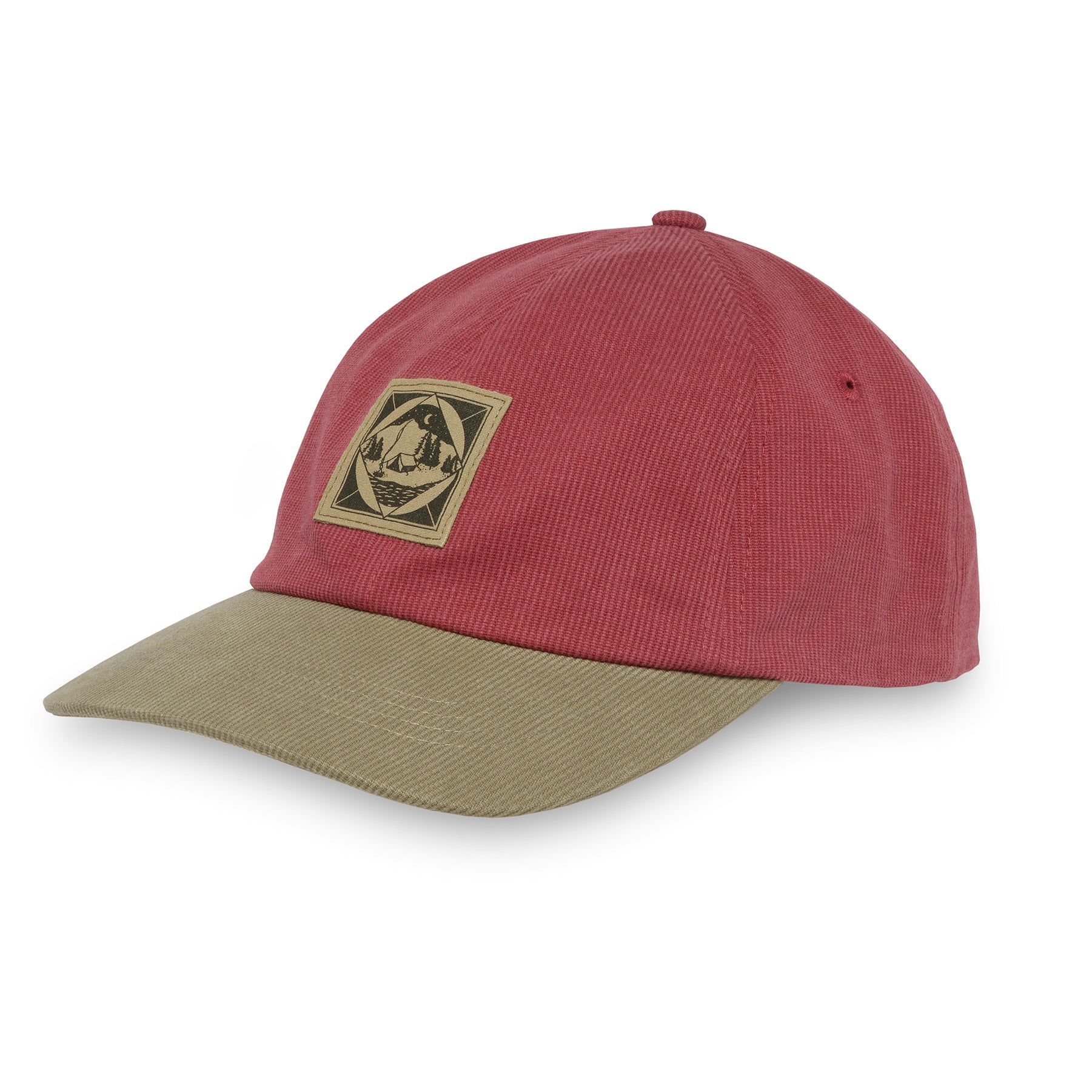 a photo of a sunday afternoon campfire cap in brick red, front and side view