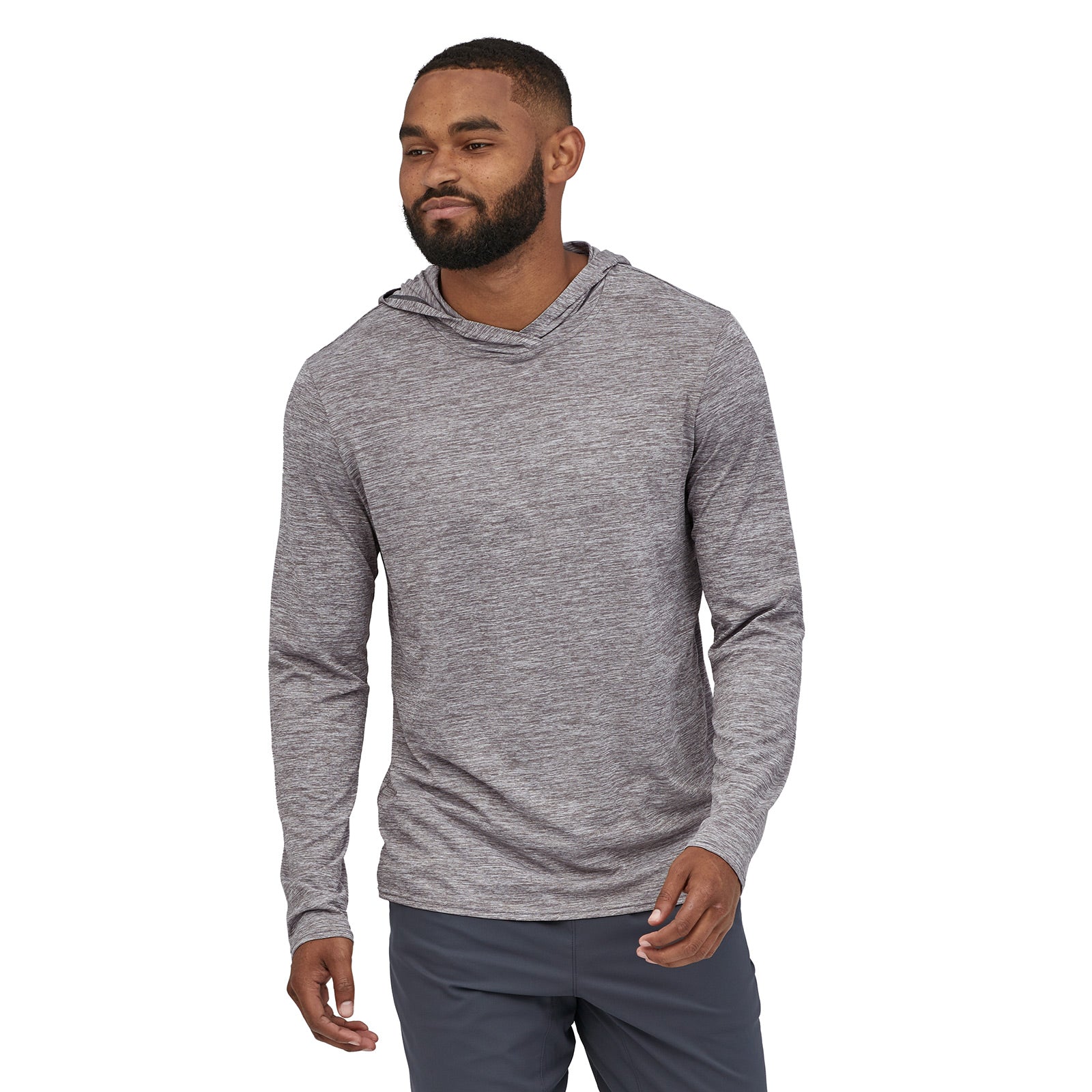 patagonia men's capilene cool daily hoody in feather grey on model