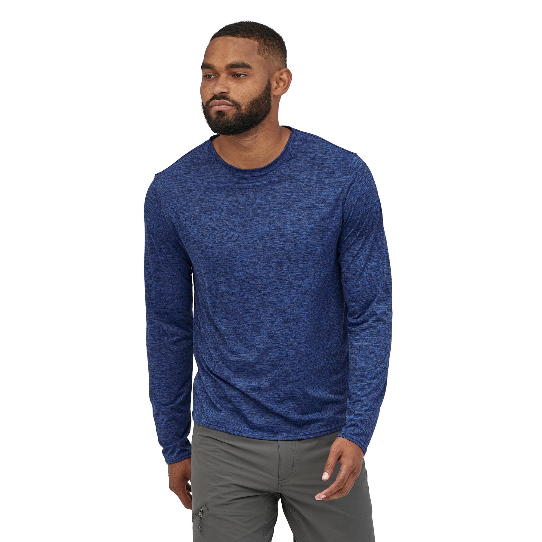 patagonia mens long sleeve capilene cool daily shirt in viking blue navy blue x dye front view on a model