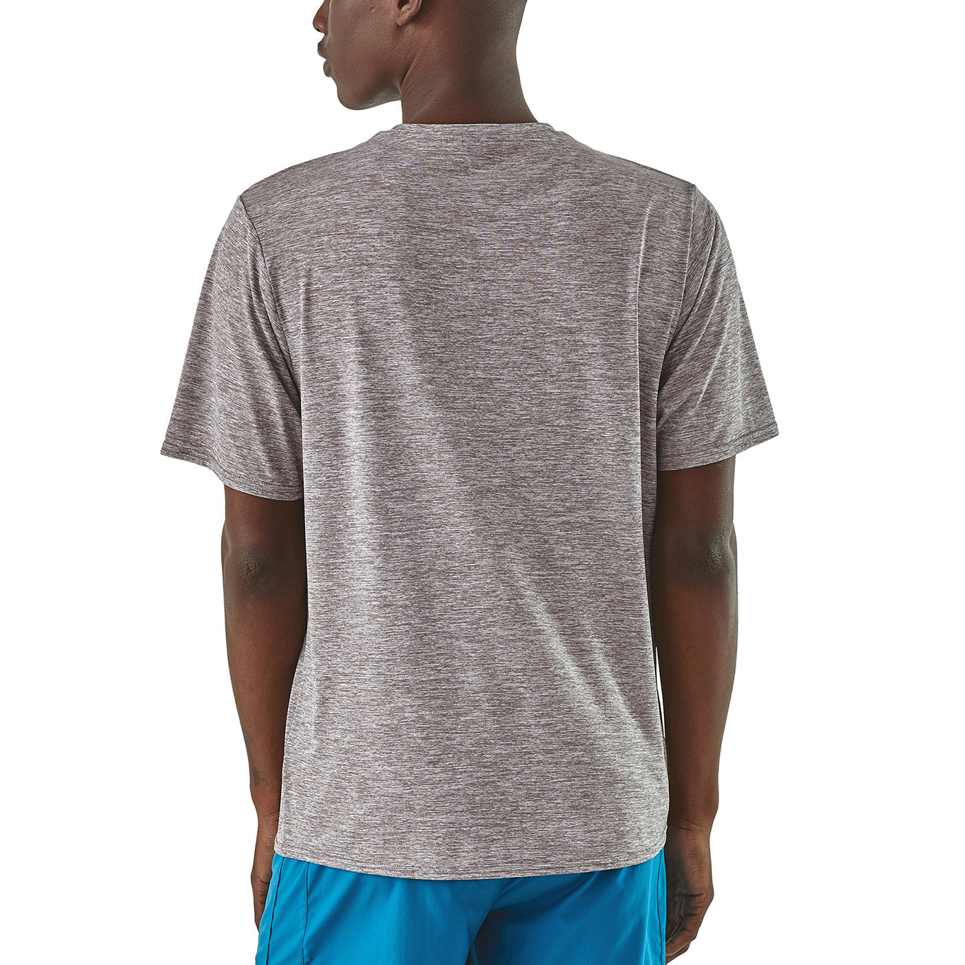patagonia mens short sleeve capilene cool daily shirt in feather grey on a model, back view