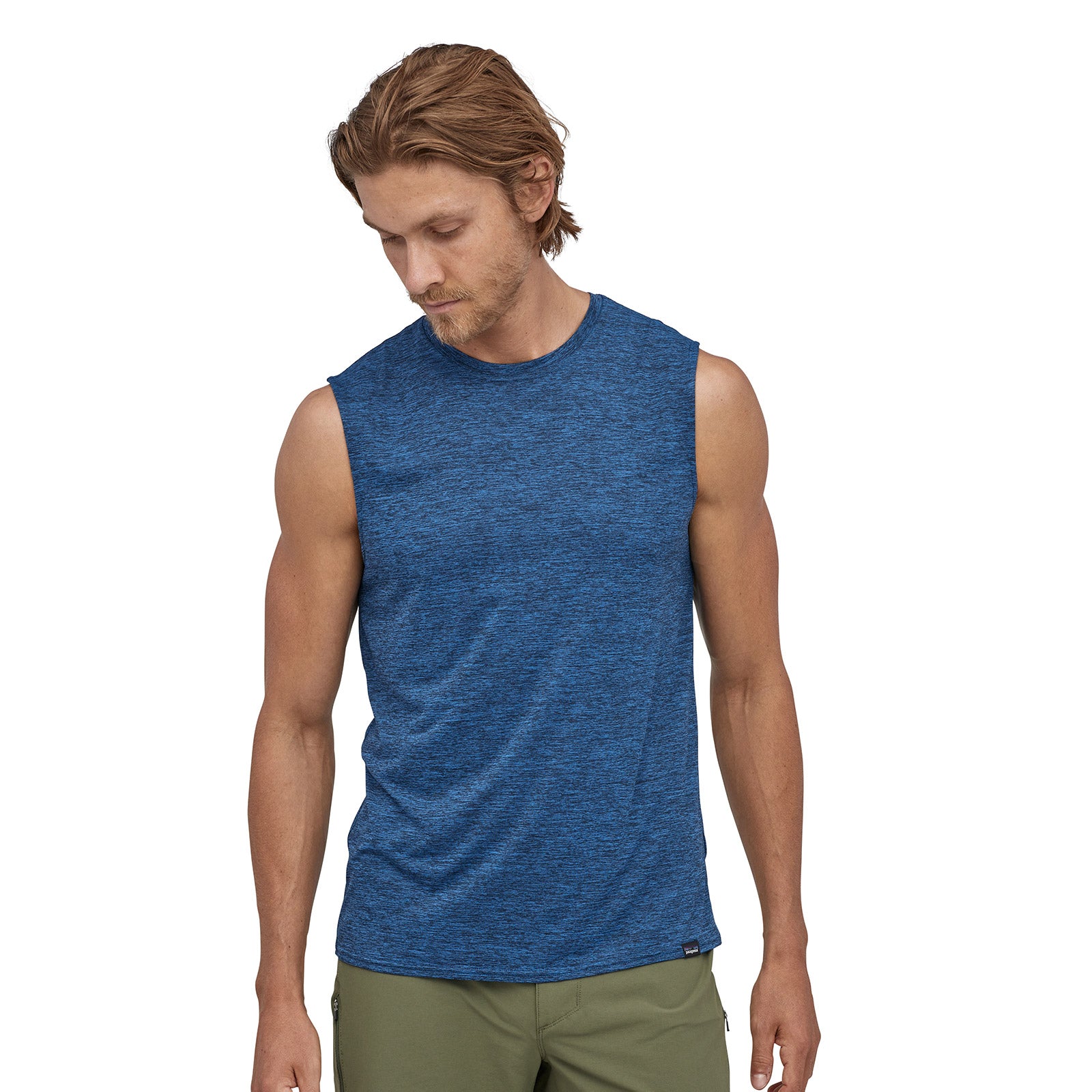 patagonia mens capilene cool daily tank in viking blue - navy blue x dye, front view on a model