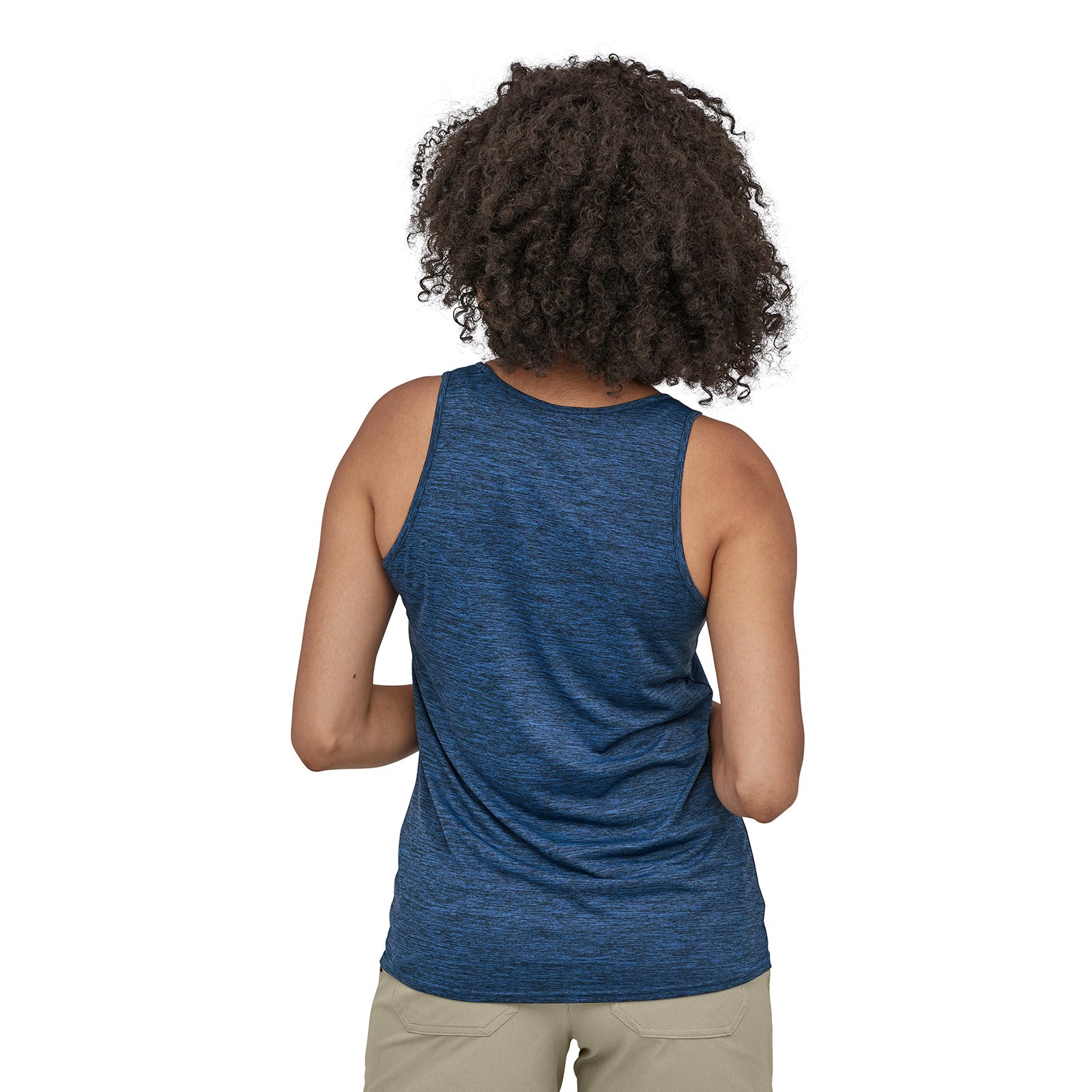 patagonia women's capilene cool daily tank in viking blue - navy blue x dye on a model, back view