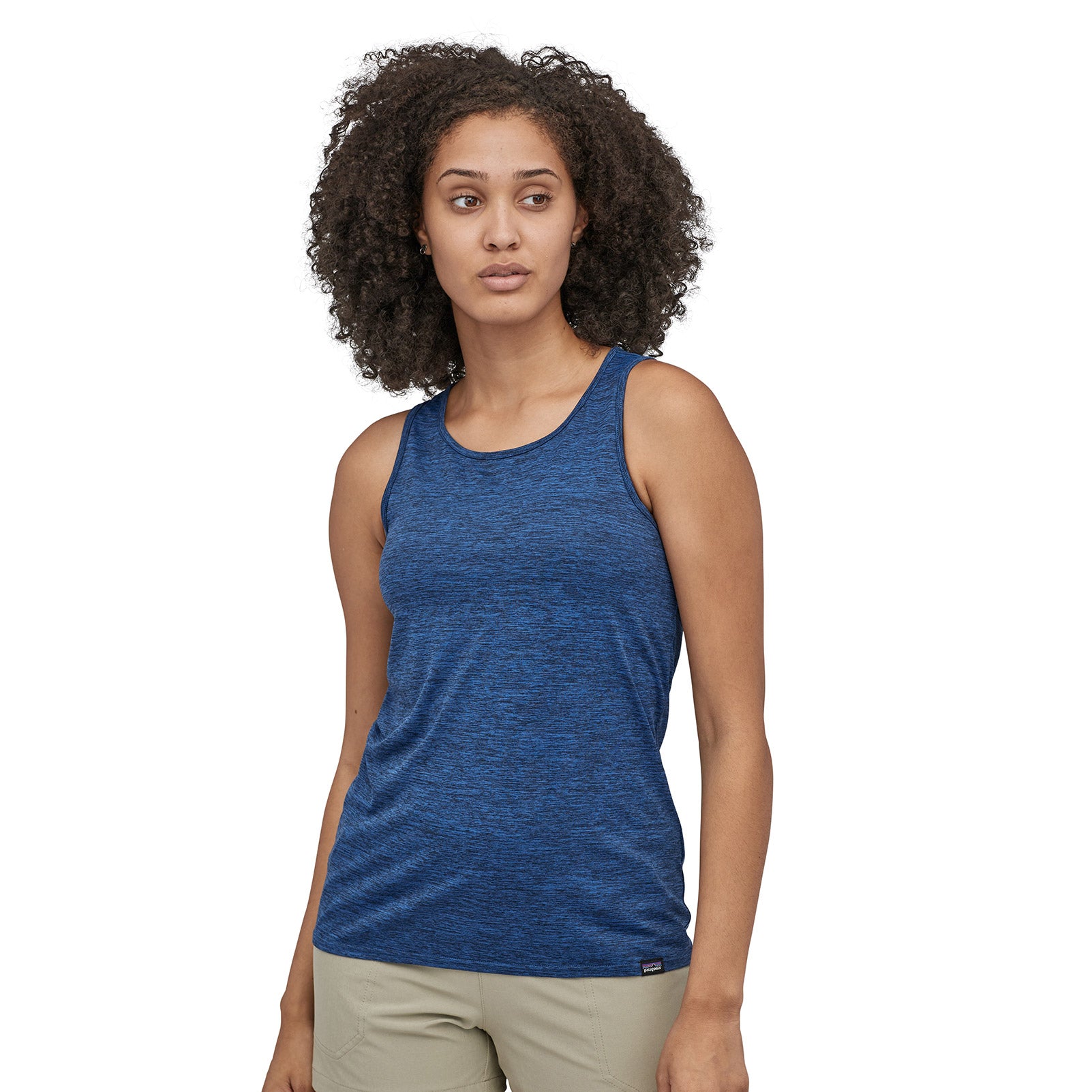 patagonia women's capilene cool daily tank in viking blue - navy blue x dye on a model, front view