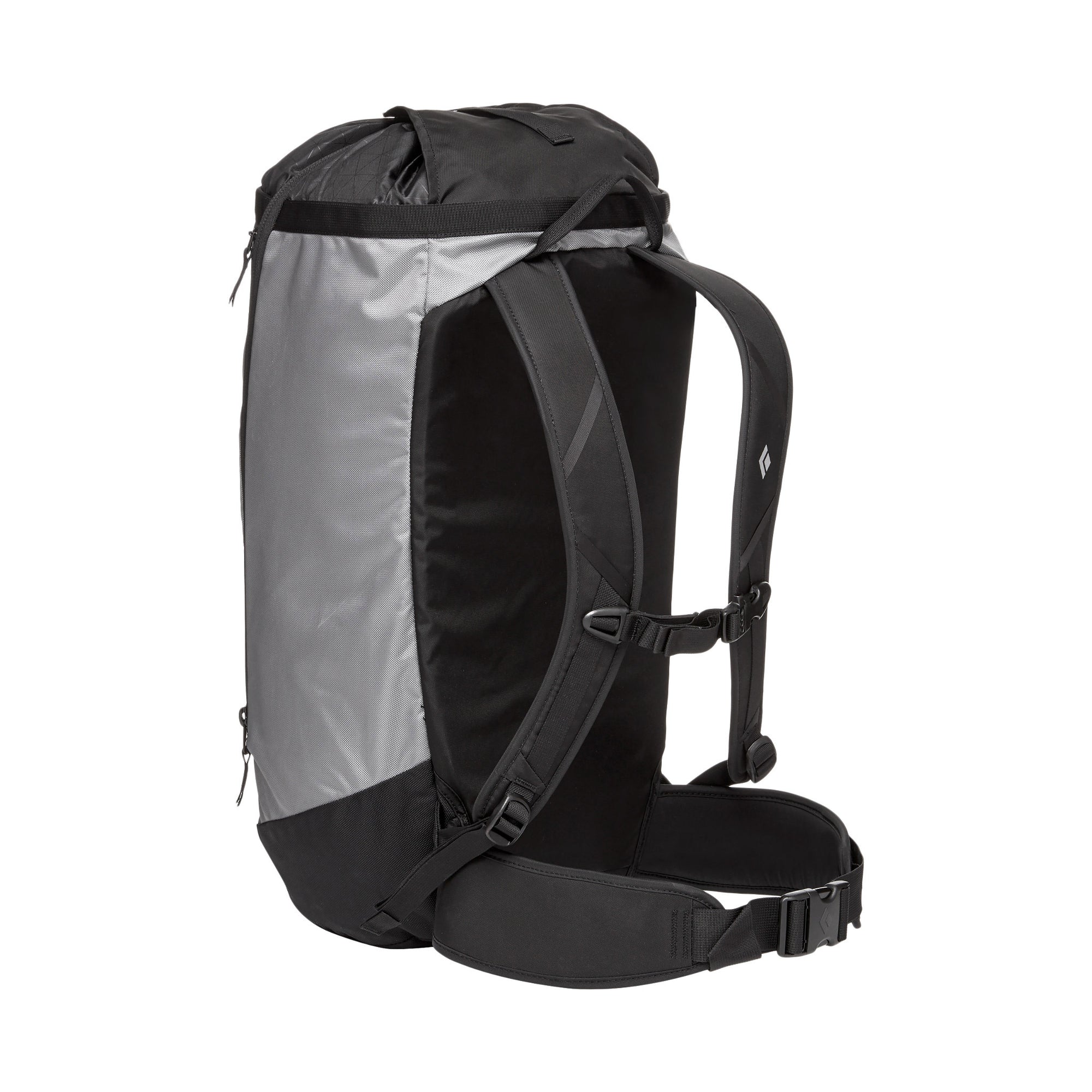 black diamond crag 40 backpack in nickel, back view
