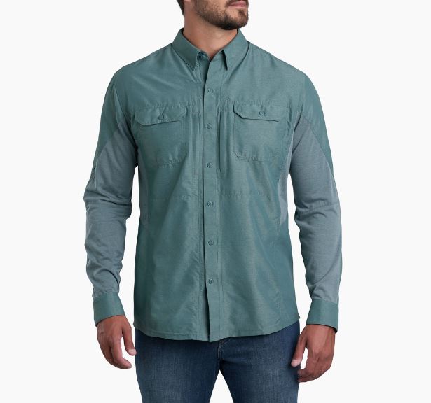 Kuhl Mens Airspeed long sleeve shirt in the color deep water, front view on a model
