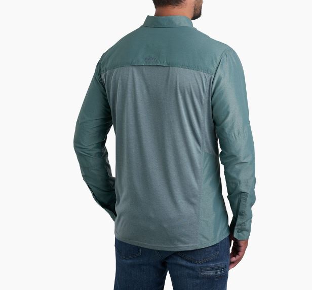 Kuhl Mens Airspeed long sleeve shirt in the color deep water, back view on a model