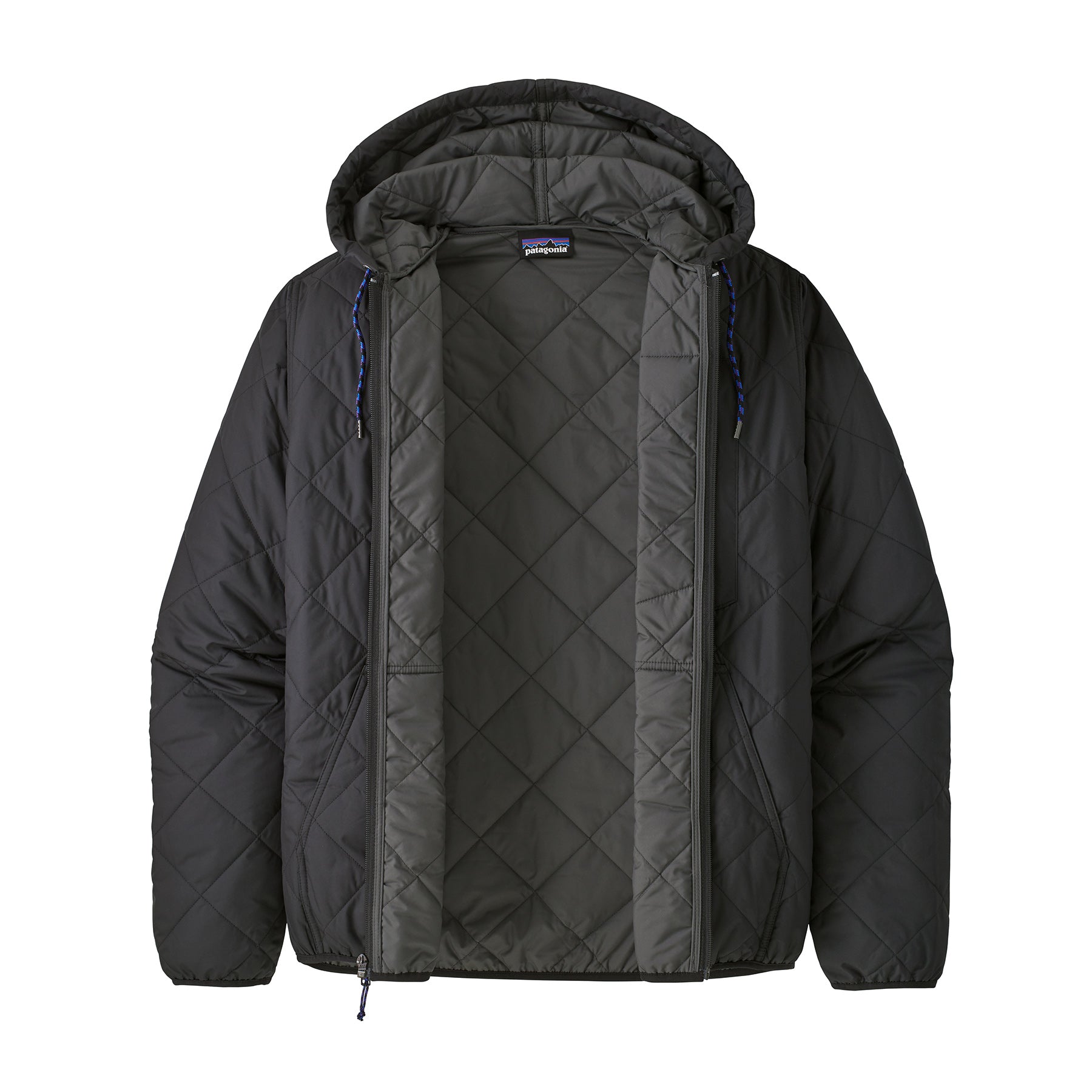 the diamond quilted bomber hoody in black from the front with the zipper open