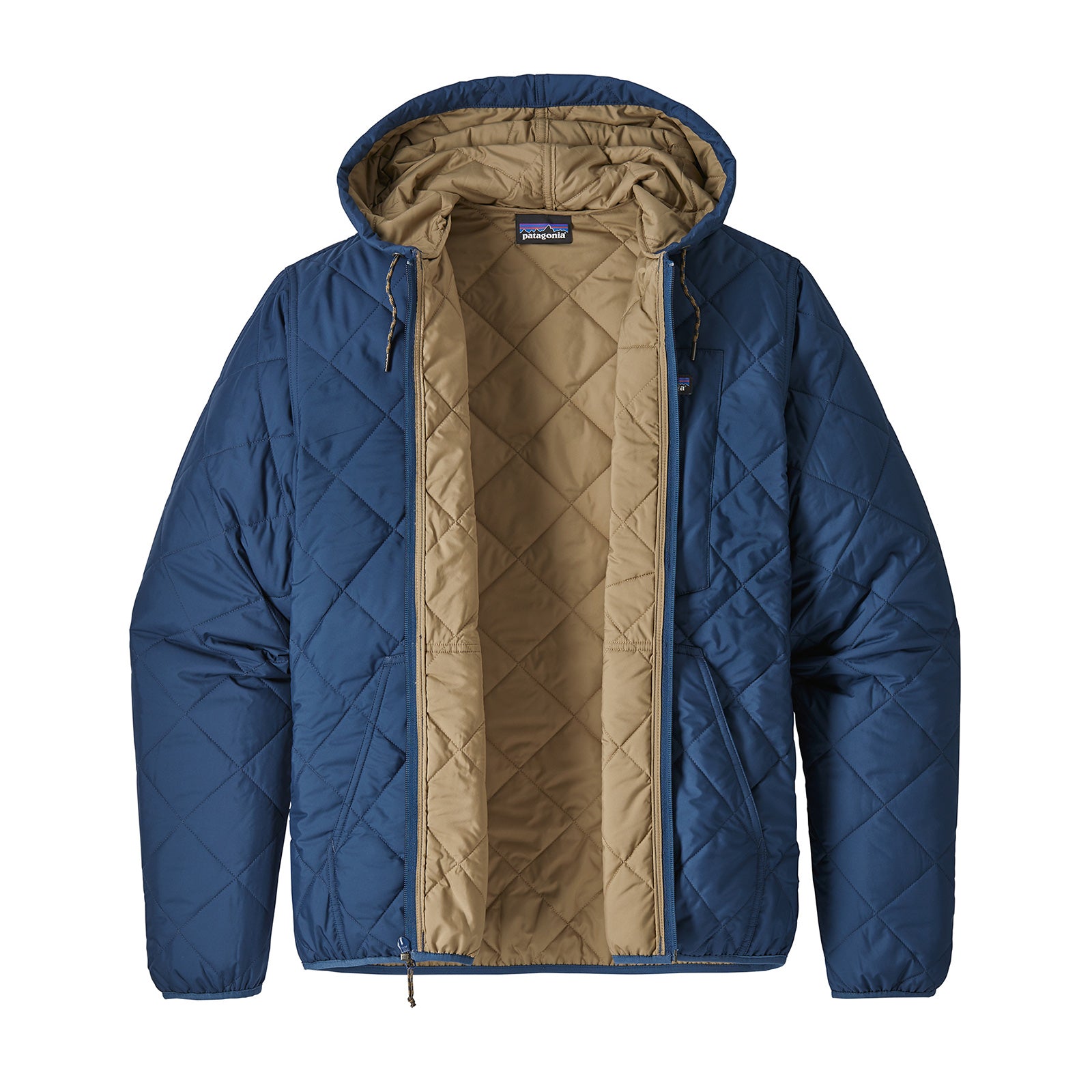 front view of the diamond quilted hoody with the zipper down showing the tan interior