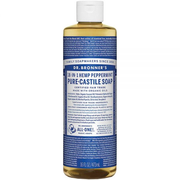 dr. bronner's liquid castile soap, assorted sizes and scents.