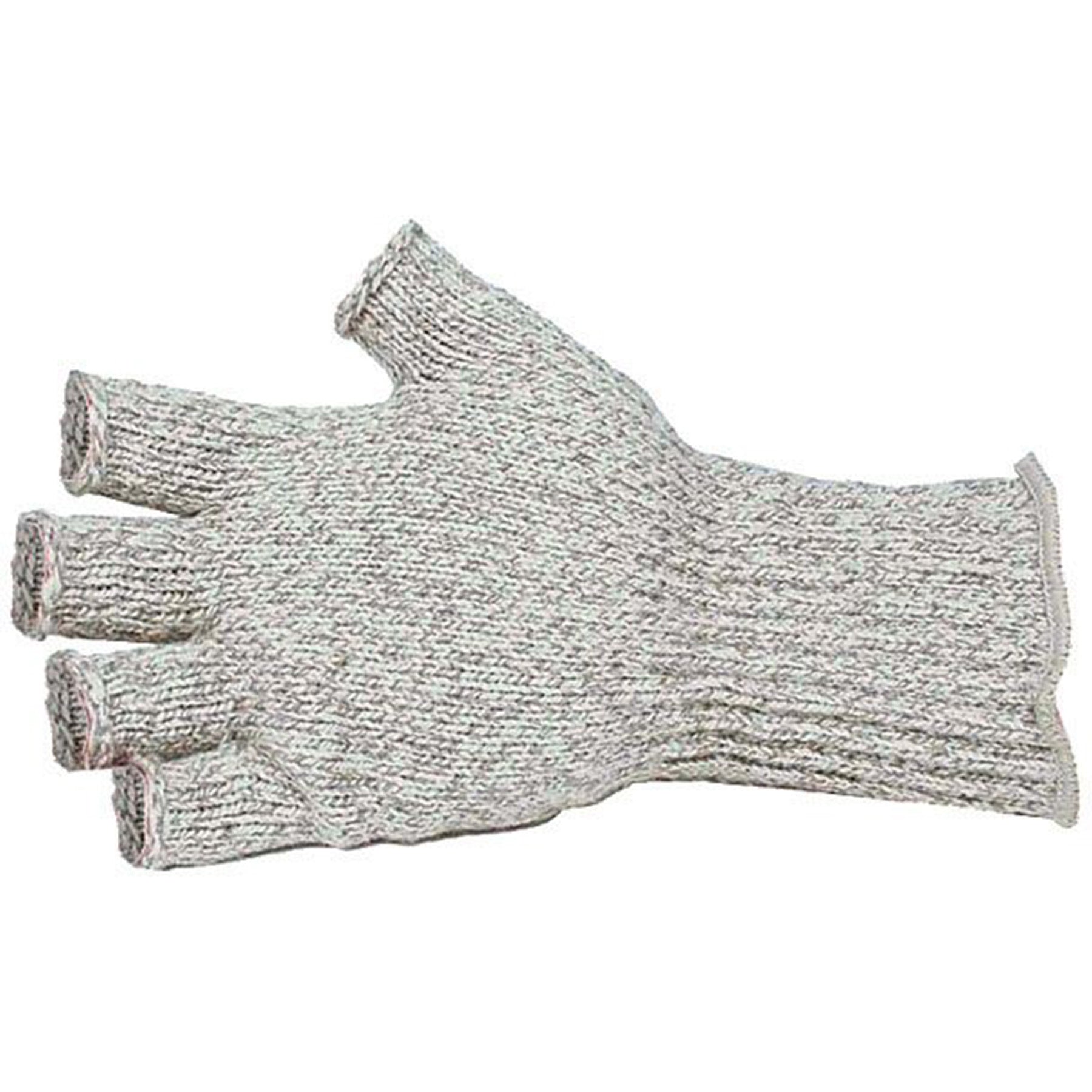 a closeup of one fingerless glove in ragg wool