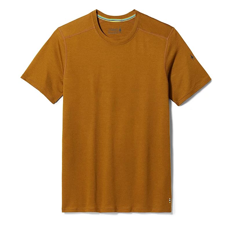 a photo of the smartwool mens classic all season merino short sleeve shirt in the color fox brown, front view