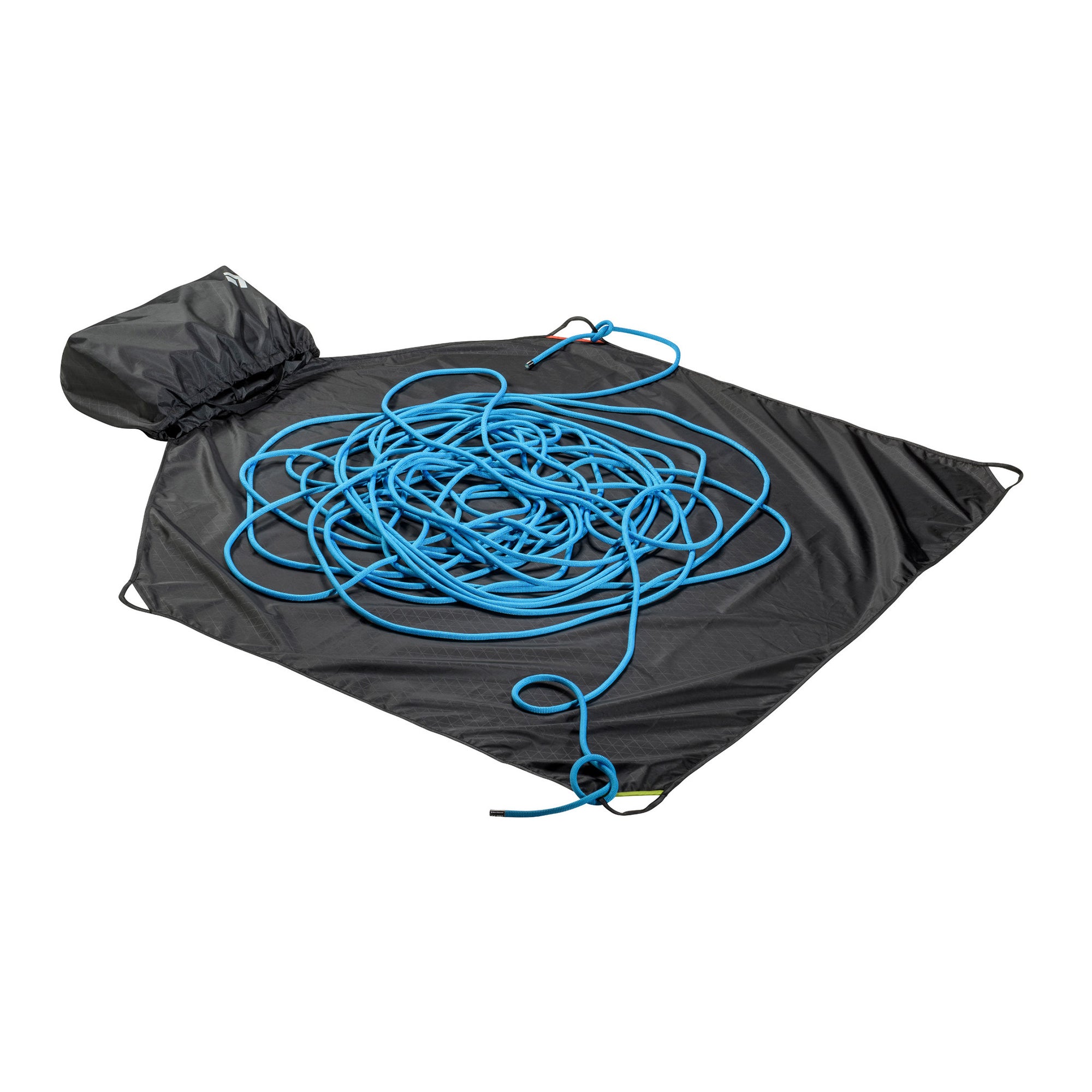 full rope burrito bag fully layed out with a blue rope flaked on top