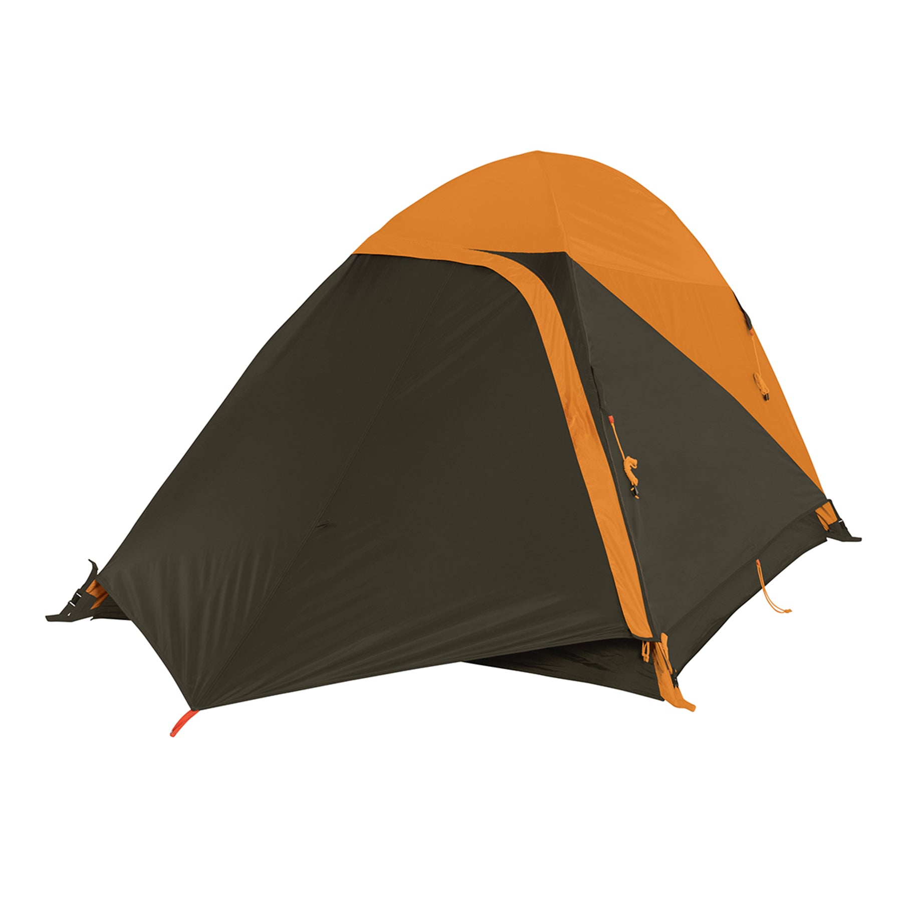 kelty grand mesa 2 person tent fly on and closed front view in colors brown with orange accents