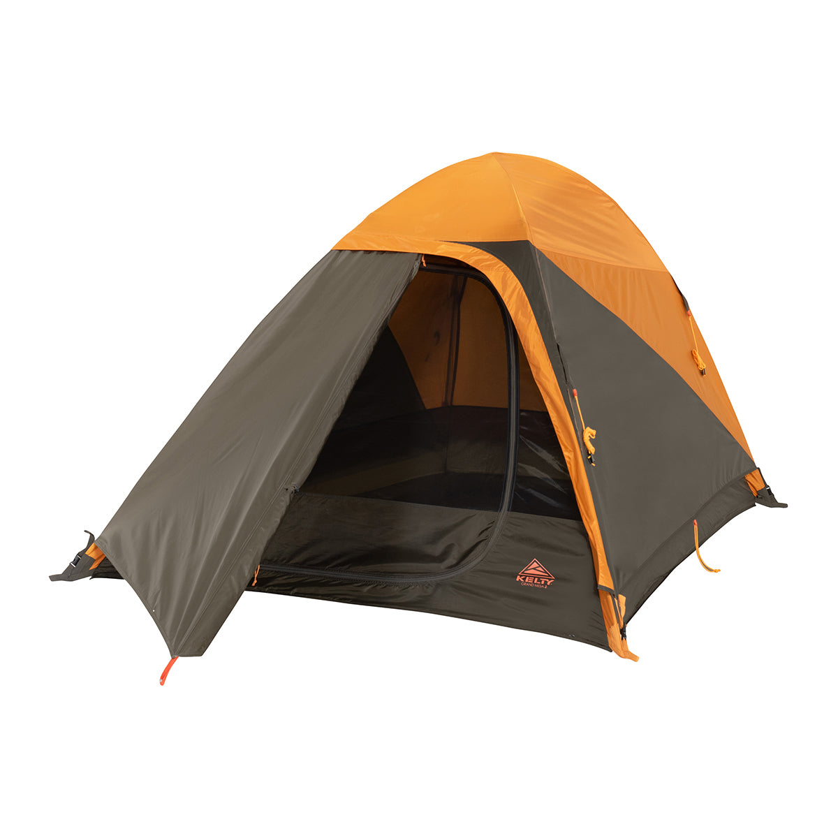 kelty grand mesa 2 person tent fly on and open front view in colors brown with orange accents