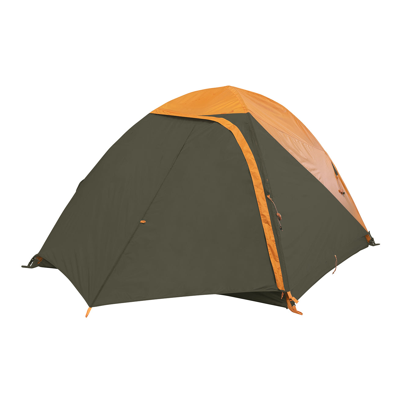 kelty grand mesa 4 person tent fly on and closed front view in color brown with orange accents