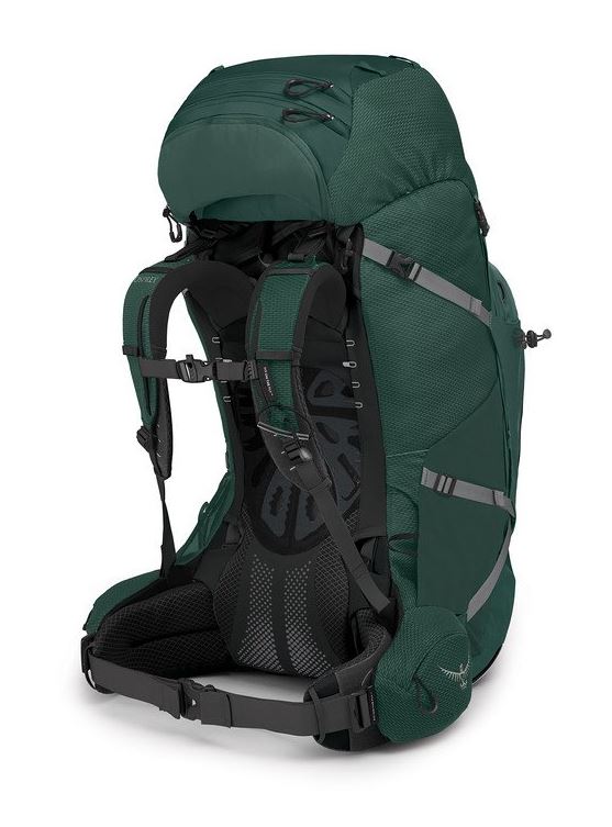osprey aether plus 85 backpack in green, back view