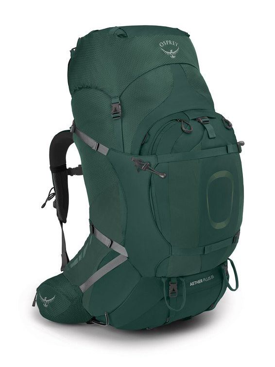 osprey aether plus 85 backpack in green, front view