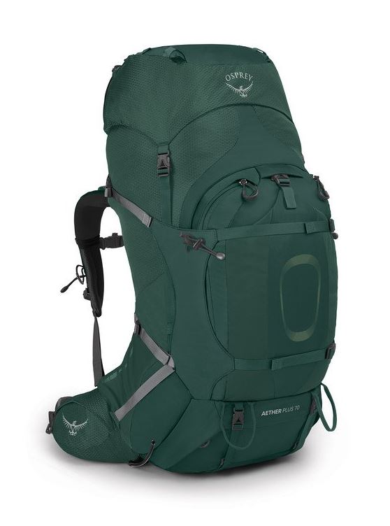 osprey aether plus 70 in green, front view
