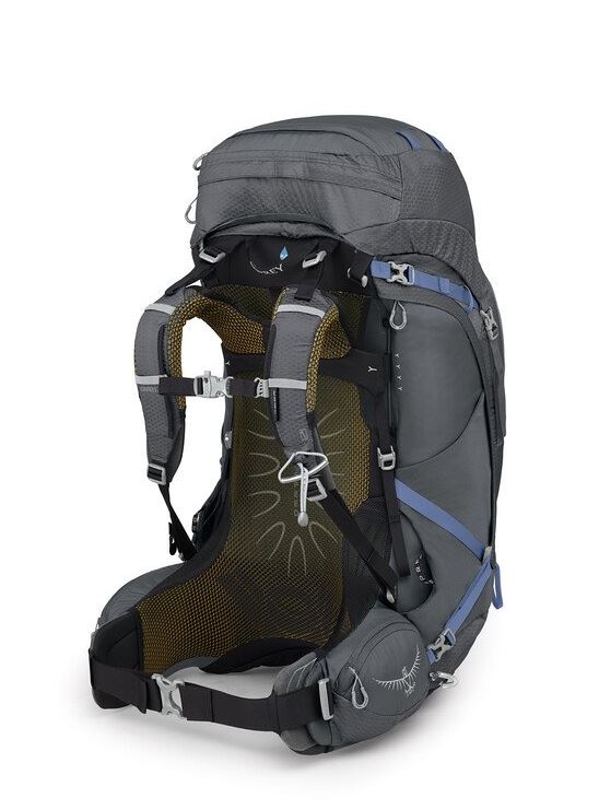 osprey aura ag 65 backpack in tungsten grey, back view