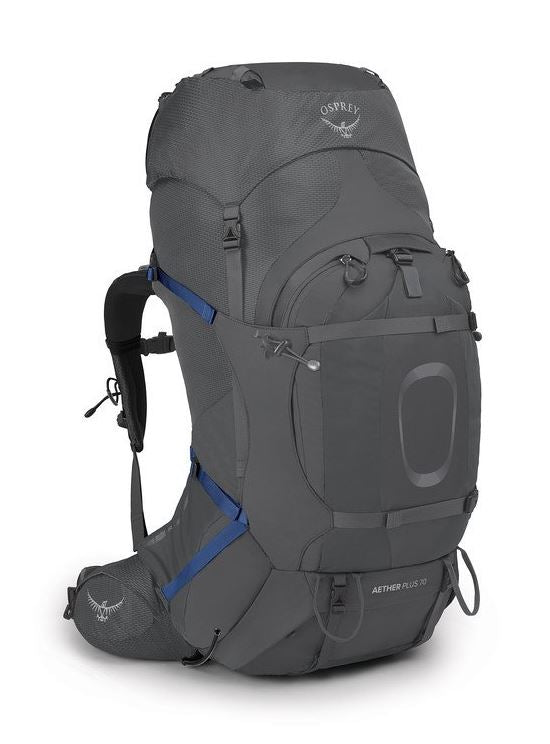 osprey aether plus 70 in grey, front view