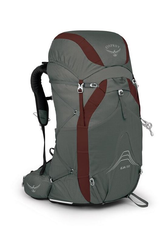 osprey eja 58 backpack in grey, front view