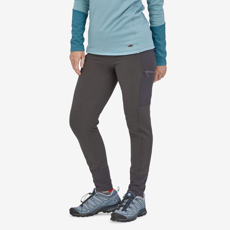 patagonia womens r2 techface pants in forge grey, front view on a model