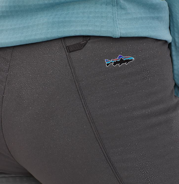 patagonia womens r2 techface pants in forge grey, view of water on pants to show water repellency