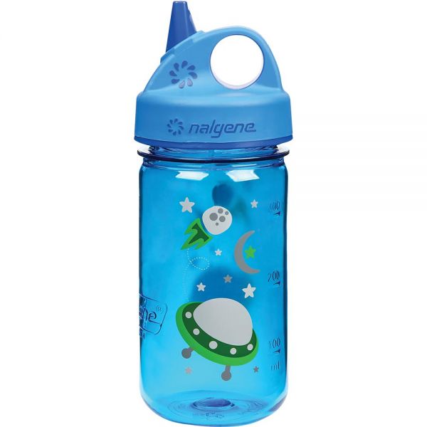 a blue kid's waterbottle with space ships. Cool! 