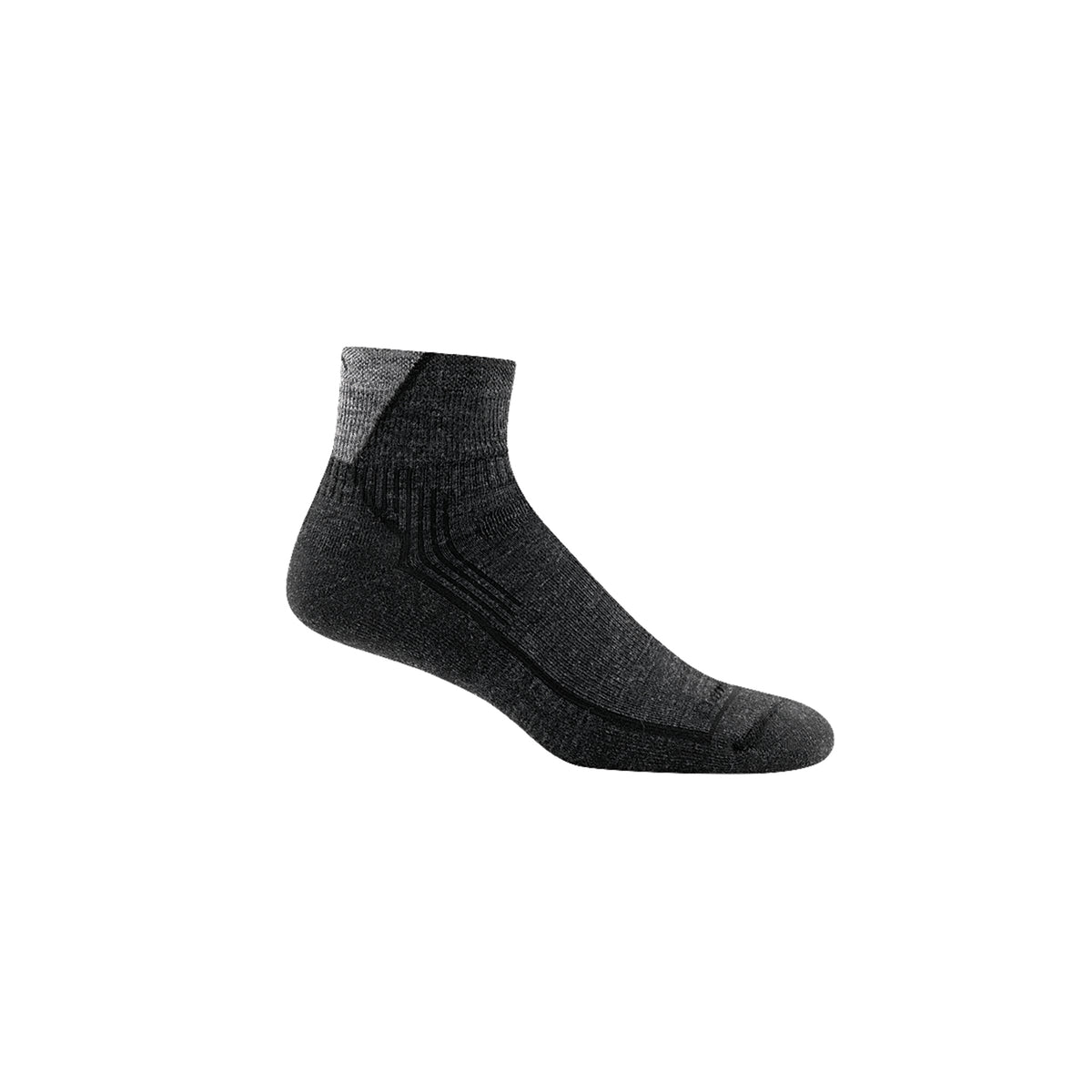 sideview of 1/4 length mens sock in black and light grey with black stripe