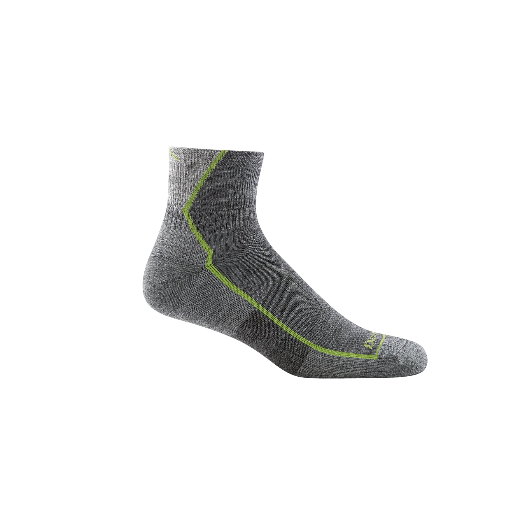 sideview of 1/4 length mens sock in light and dark grey with green stripe