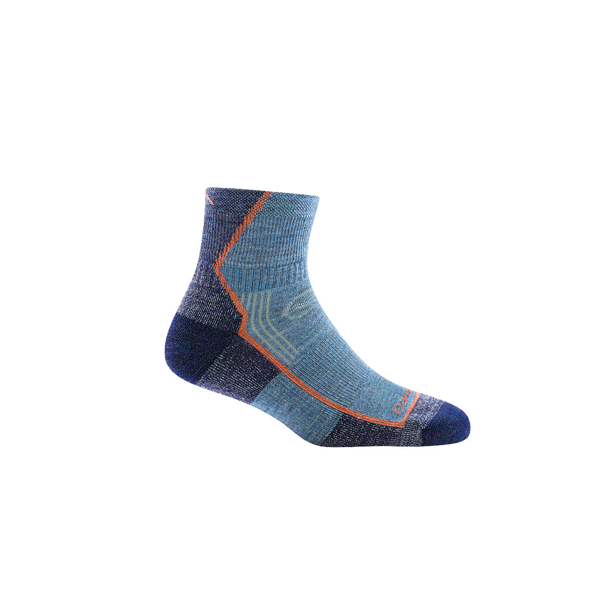 sideview of 1/4 length womens sock in light and dark blue with orange stripe