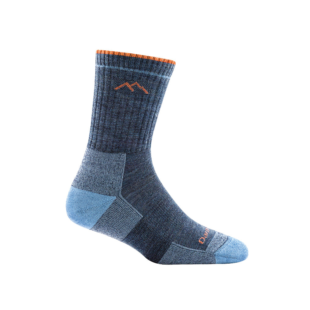 sideview of micro crew cushion womens in dark and light blue with orange detail